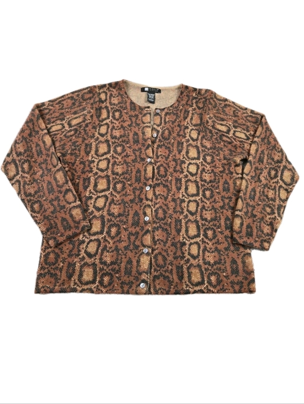 Carol Little Wool Angora Pearl Button Cardigan Sweater Animal Print Preppy Luxe